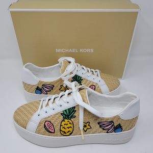 Michael Kors Poppy Lace Up Straw Weave Fruit Patch Sneakers.
